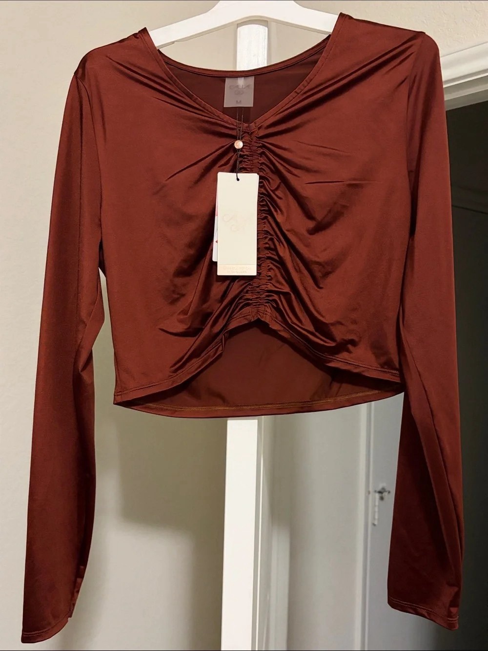 Alia Long Sleeve Ruched Front Top - Rust Brown